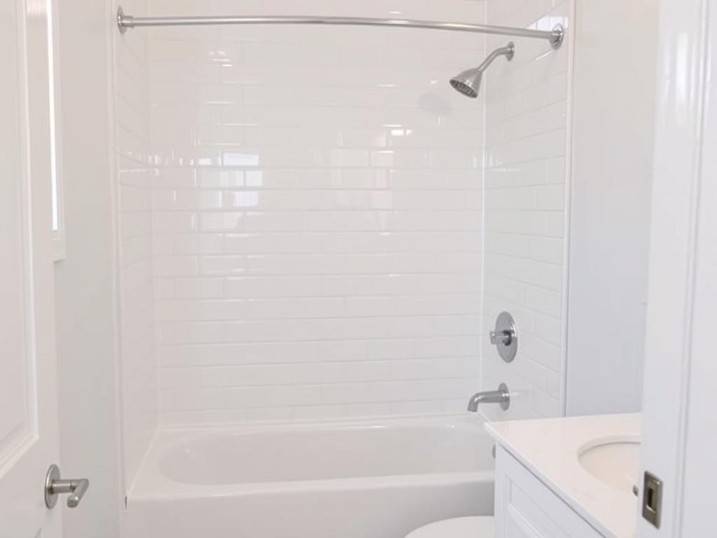 All-white tub and shower combo with strategic tile patterns to maximize light All-white tub and shower combo with strategic tile patterns to maximize light