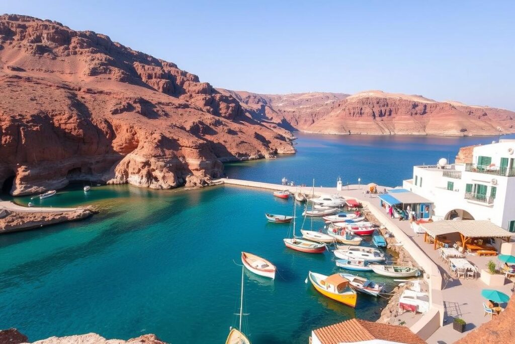 Amoudi Bay with red cliffs, crystal clear waters, and traditional fishing boats Amoudi Bay with red cliffs, crystal clear waters, and traditional fishing boats