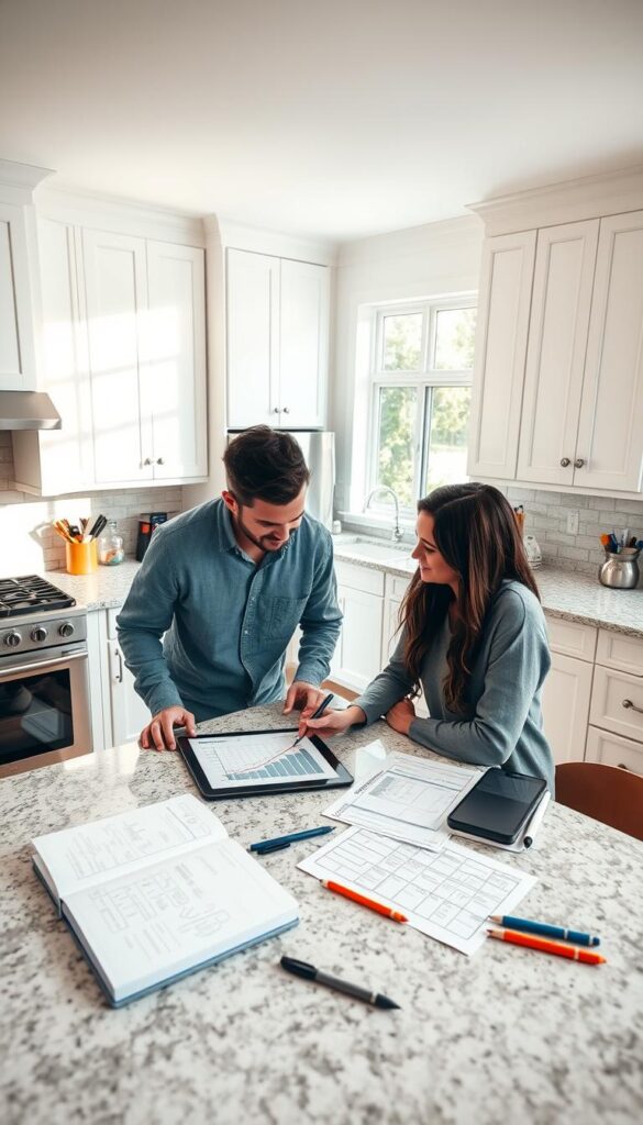 An open-concept kitchen with white cabinets, granite countertops, and stainless steel appliances. A young couple is gathered around a table, discussing renovation plans and budget. Bright natural light filters through large windows, highlighting their focused expressions. A tablet displays cost estimates and floor plans, while scattered notebooks and pens suggest meticulous planning. The space exudes a sense of organization and excitement for the upcoming transformation. A warm, inviting atmosphere sets the stage for a successful kitchen renovation project. An open-concept kitchen with white cabinets, granite countertops, and stainless steel appliances. A young couple is gathered around a table, discussing renovation plans and budget. Bright natural light filters through large windows, highlighting their focused expressions. A tablet displays cost estimates and floor plans, while scattered notebooks and pens suggest meticulous planning. The space exudes a sense of organization and excitement for the upcoming transformation. A warm, inviting atmosphere sets the stage for a successful kitchen renovation project.