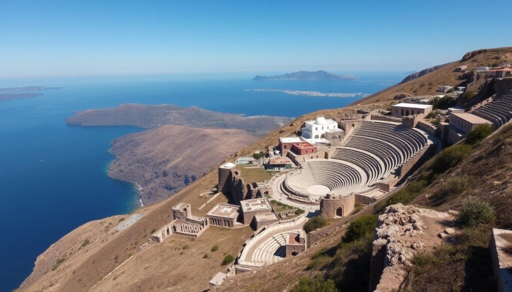 Ancient Thera ruins on the mountaintop with panoramic views of the coastline below Ancient Thera ruins on the mountaintop with panoramic views of the coastline below