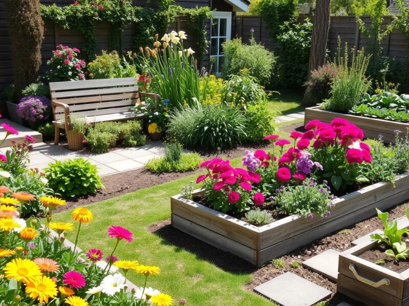 Beautiful home garden with colorful flowers, raised beds, and seating area
