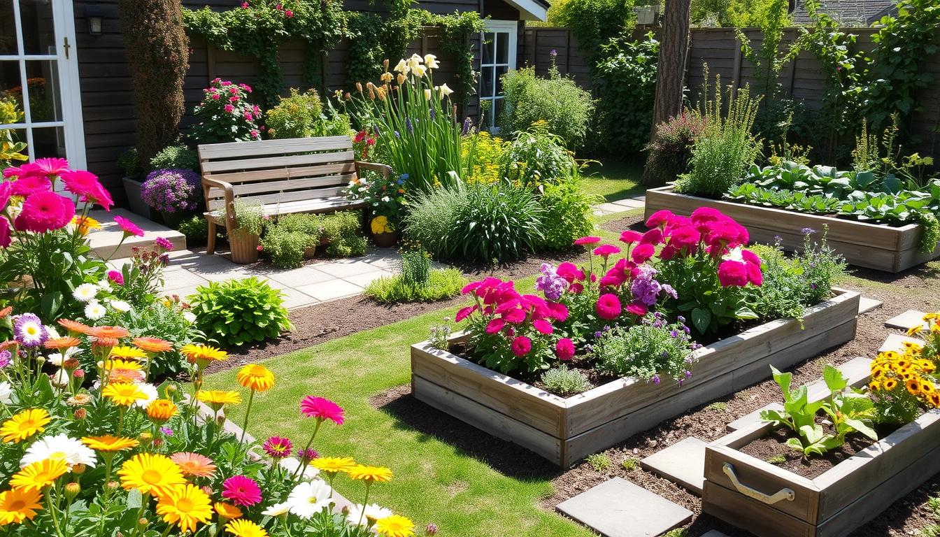 Beautiful home garden with colorful flowers, raised beds, and seating area