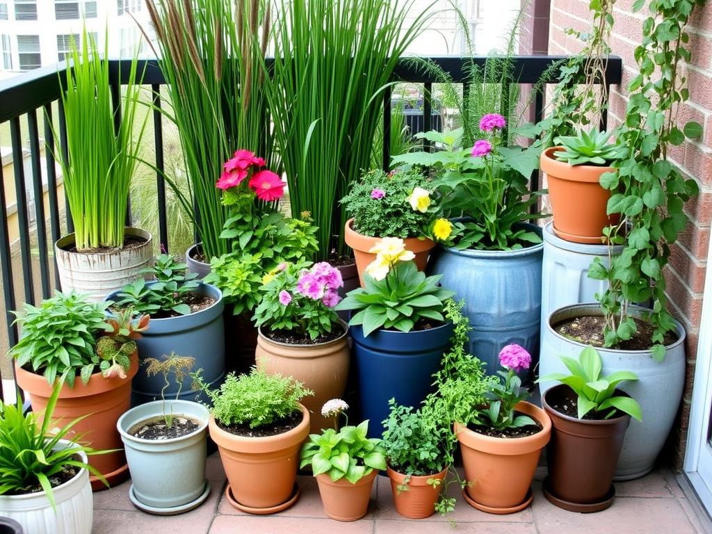 Container garden with various sized pots arranged on a small patio Container garden with various sized pots arranged on a small patio