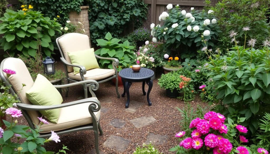 Cozy garden seating corner with comfortable chairs and small table Cozy garden seating corner with comfortable chairs and small table