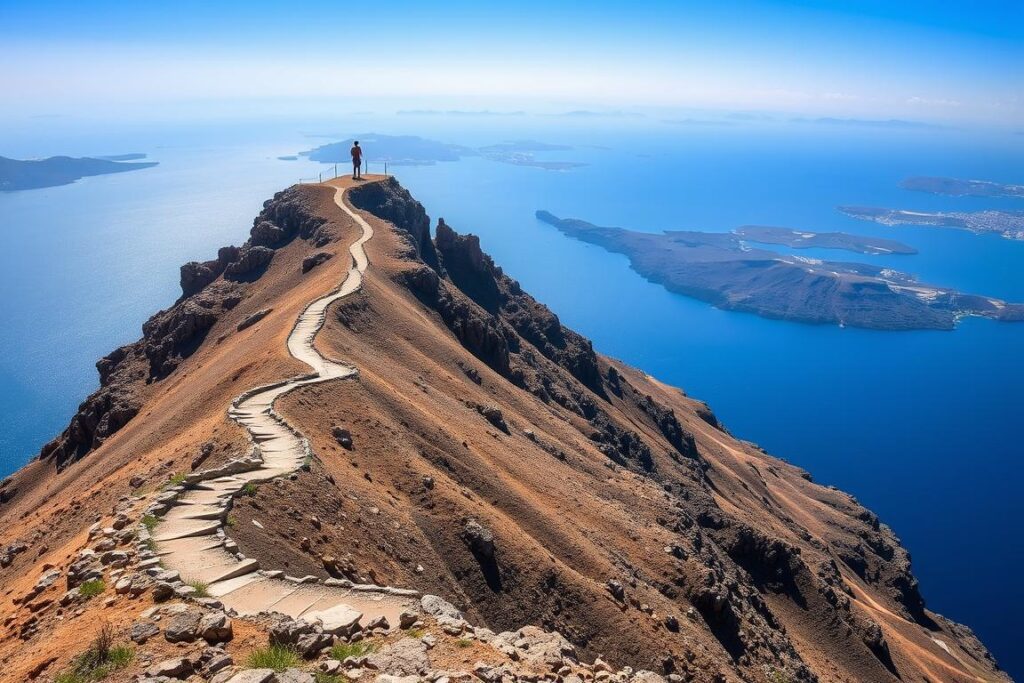 Dramatic Skaros Rock peninsula jutting out into the sea with hiking path visible Dramatic Skaros Rock peninsula jutting out into the sea with hiking path visible