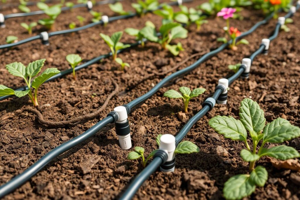 Drip irrigation system installed in a vegetable garden bed Drip irrigation system installed in a vegetable garden bed