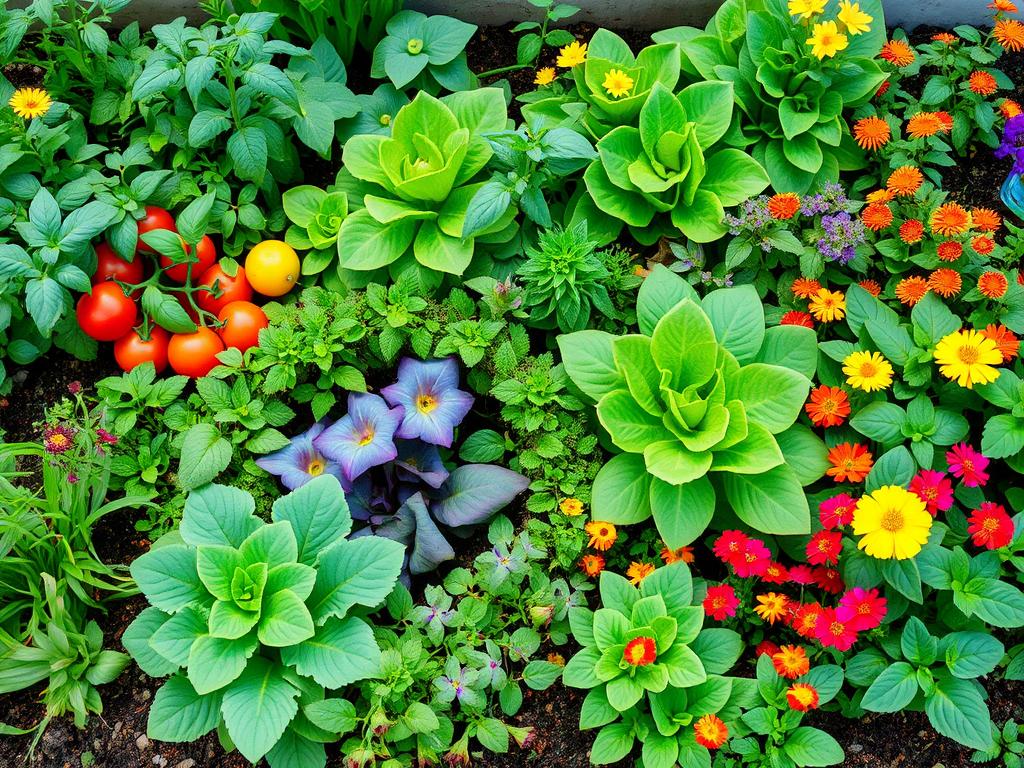 Edible garden with vegetables, herbs, and edible flowers growing together Edible garden with vegetables, herbs, and edible flowers growing together