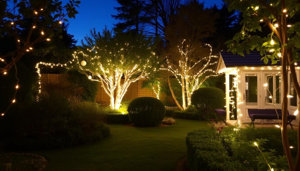 Garden at dusk with fairy lights strung through trees and bushes Garden at dusk with fairy lights strung through trees and bushes
