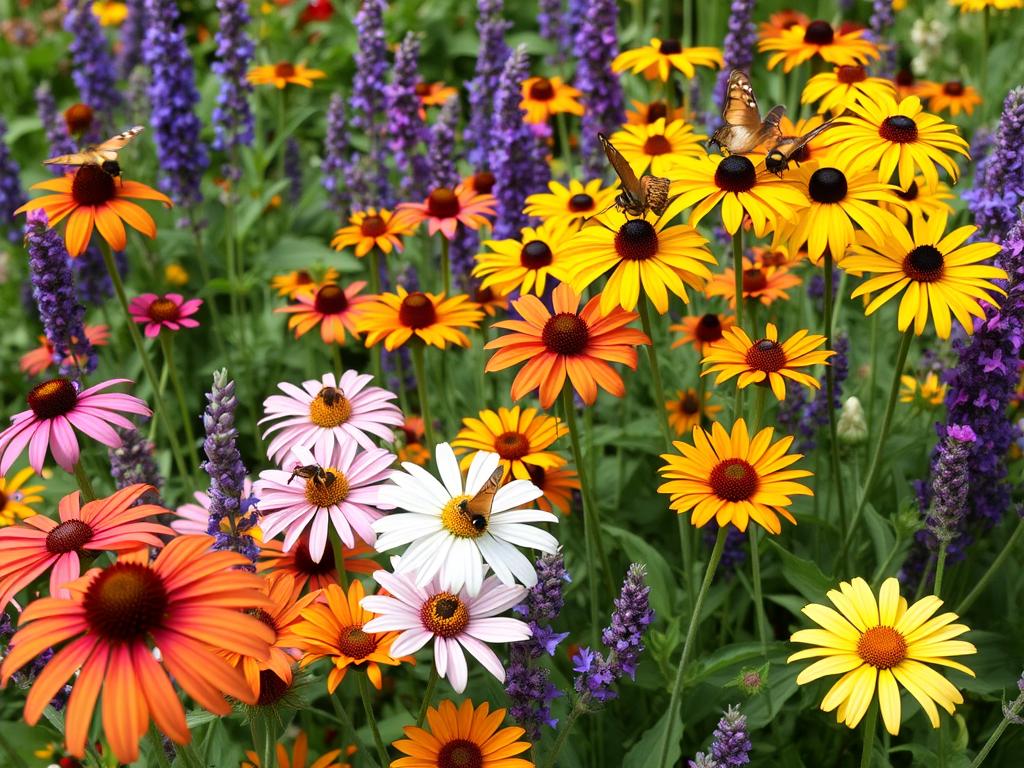 Garden bed filled with pollinator-friendly flowers attracting butterflies and bees Garden bed filled with pollinator-friendly flowers attracting butterflies and bees