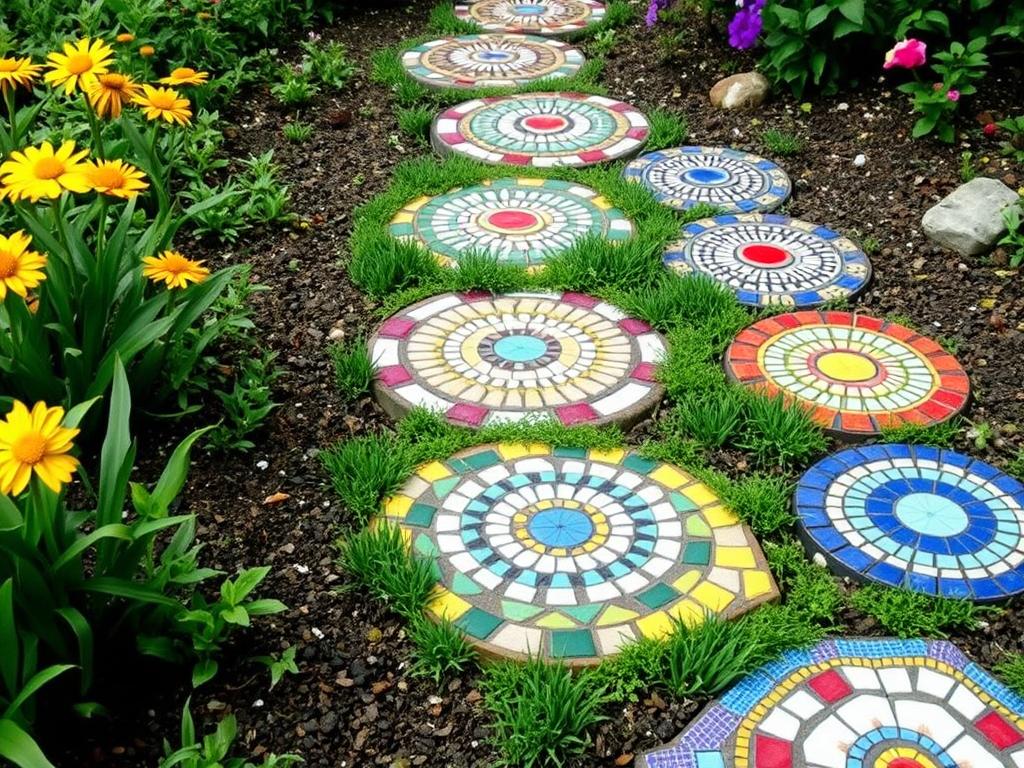 Garden path made of colorful mosaic stepping stones Garden path made of colorful mosaic stepping stones