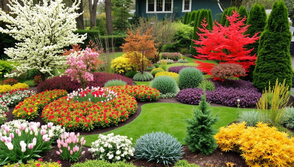 Garden with different zones for each season featuring plants that peak at different times Garden with different zones for each season featuring plants that peak at different times