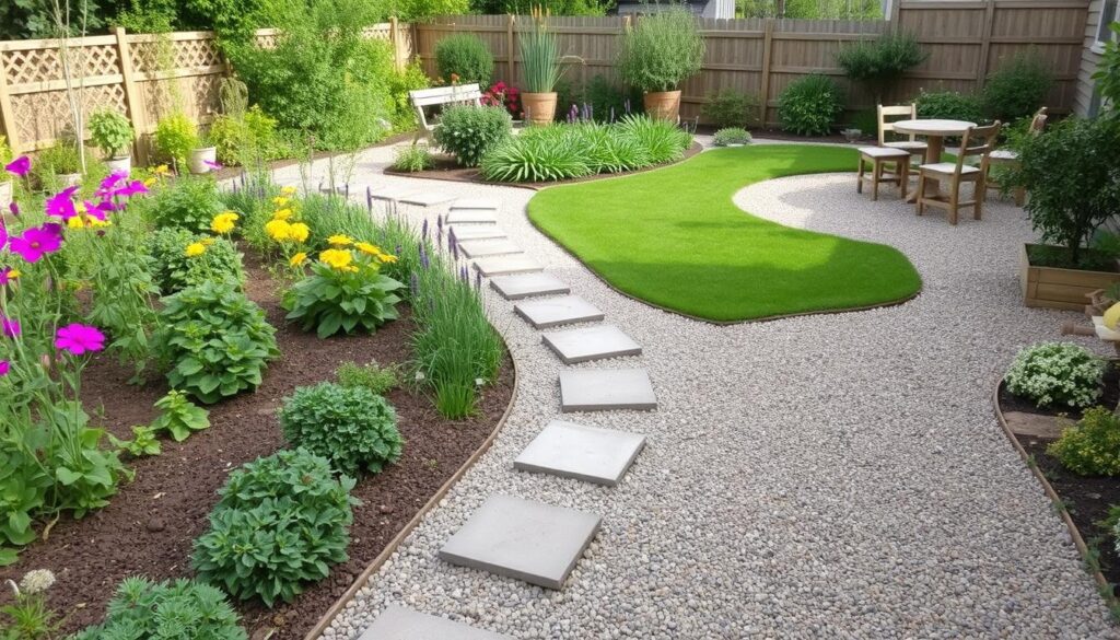 Garden zones separated by gravel pathways with stepping stones Garden zones separated by gravel pathways with stepping stones