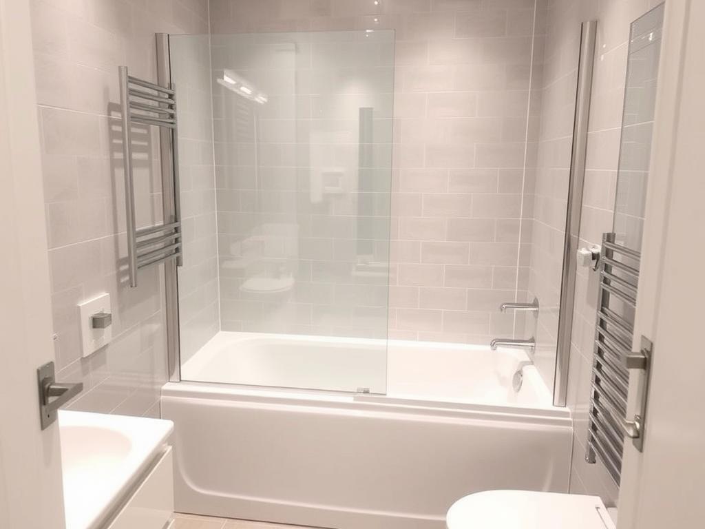 Glass panel tub and shower combo with clear frameless door in a small bathroom