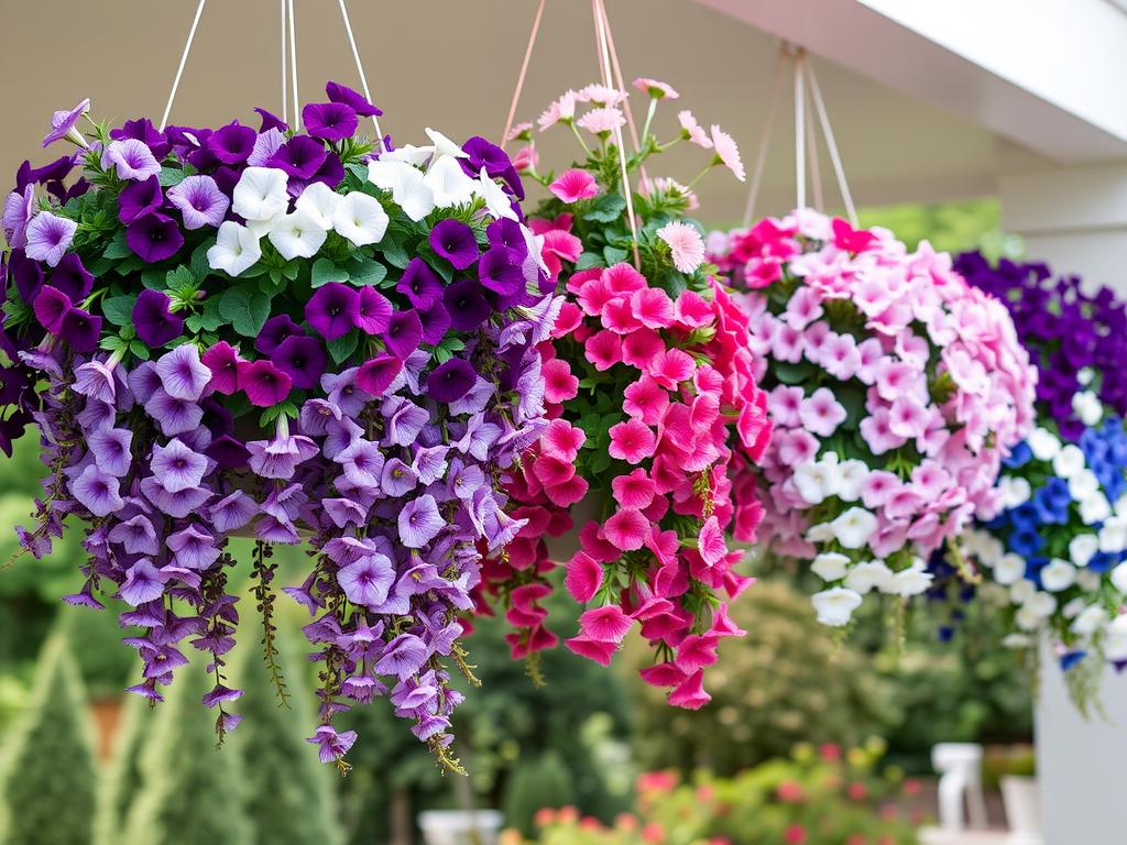 Hanging basket garden with colorful flowers cascading down Hanging basket garden with colorful flowers cascading down