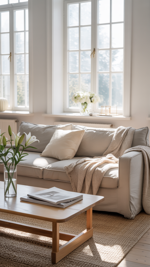 A Scandinavian living room featuring light wood furniture, a cozy sofa, and a multi-functional layout.