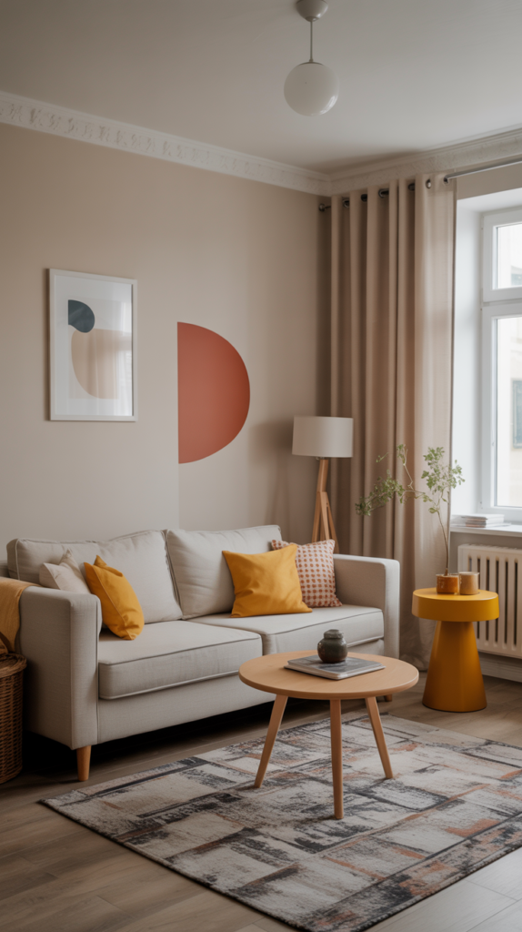 A Scandinavian living room featuring neutral tones with colorful accents, including yellow cushions and an orange side table.