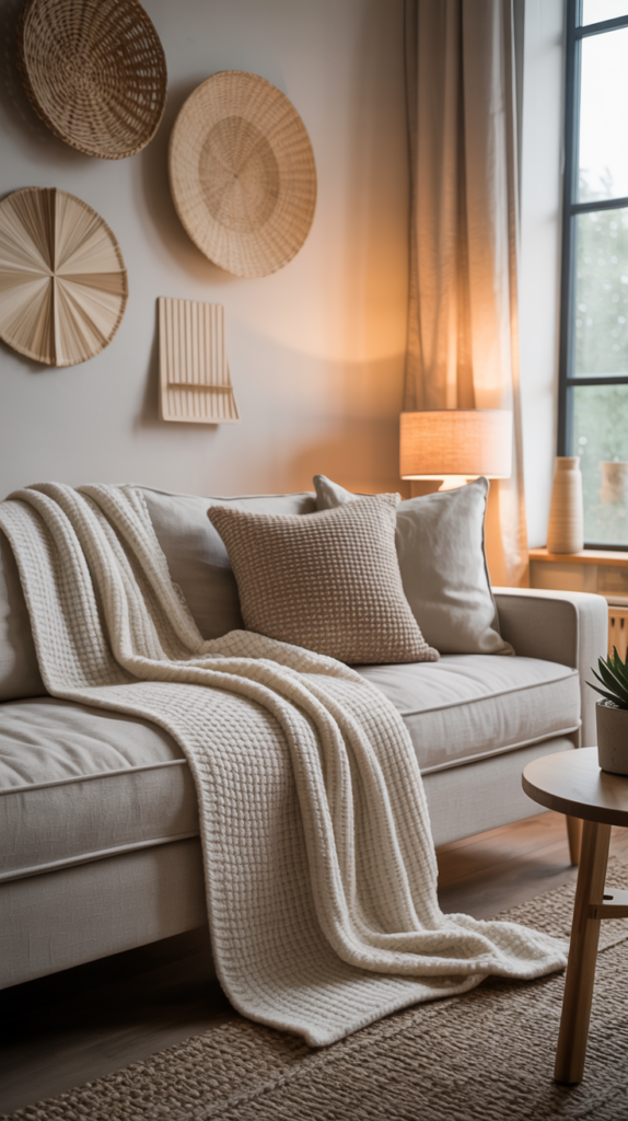 A Scandinavian living room featuring handmade crafts, including woven baskets and wall art, creating a cozy atmosphere.
