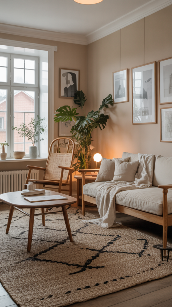 A cozy Scandinavian living room with a textured rug, light walls, and wooden furniture.