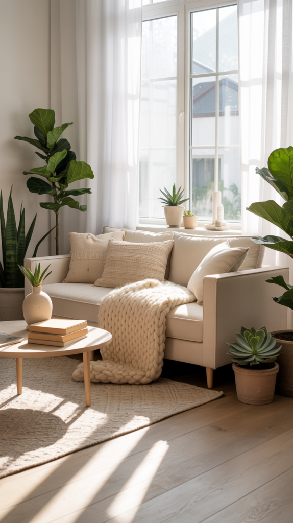 A cozy Scandinavian living room featuring light colors, wooden furniture, and plants.