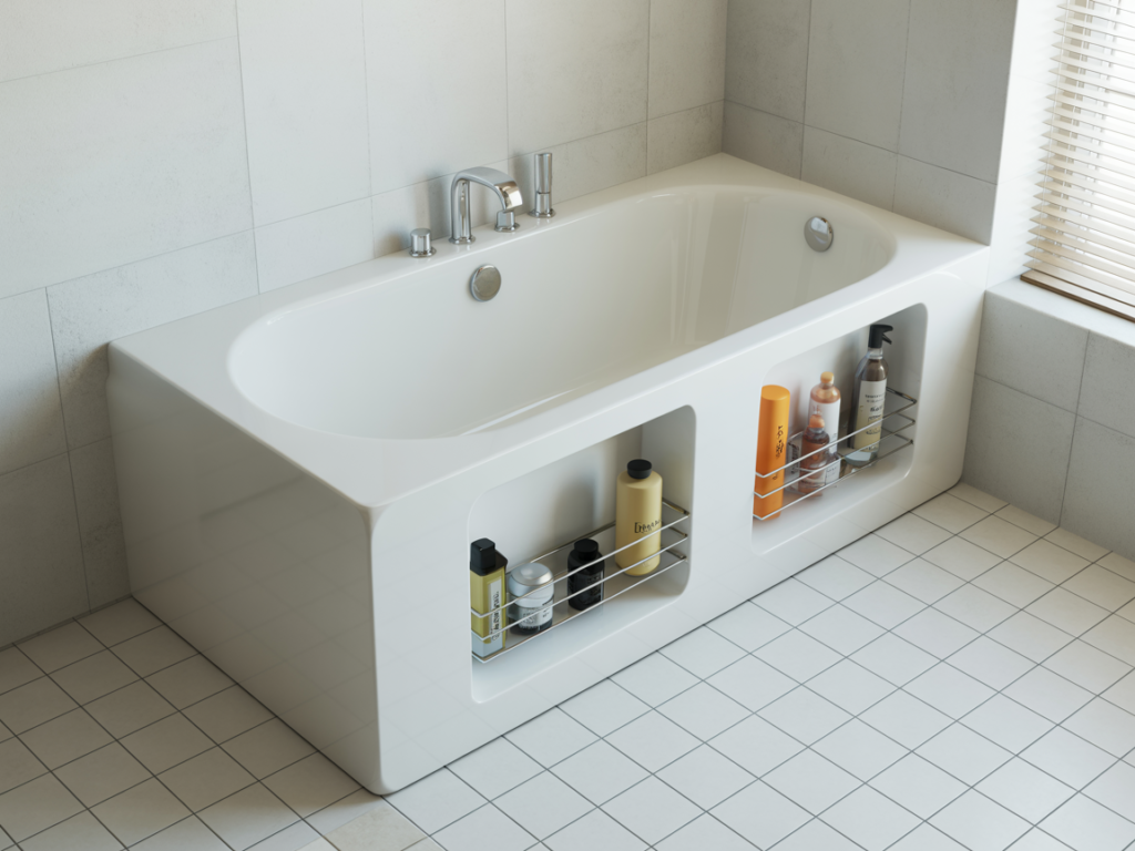 Tub-shower combo with built-in storage platform perfect for small bathrooms