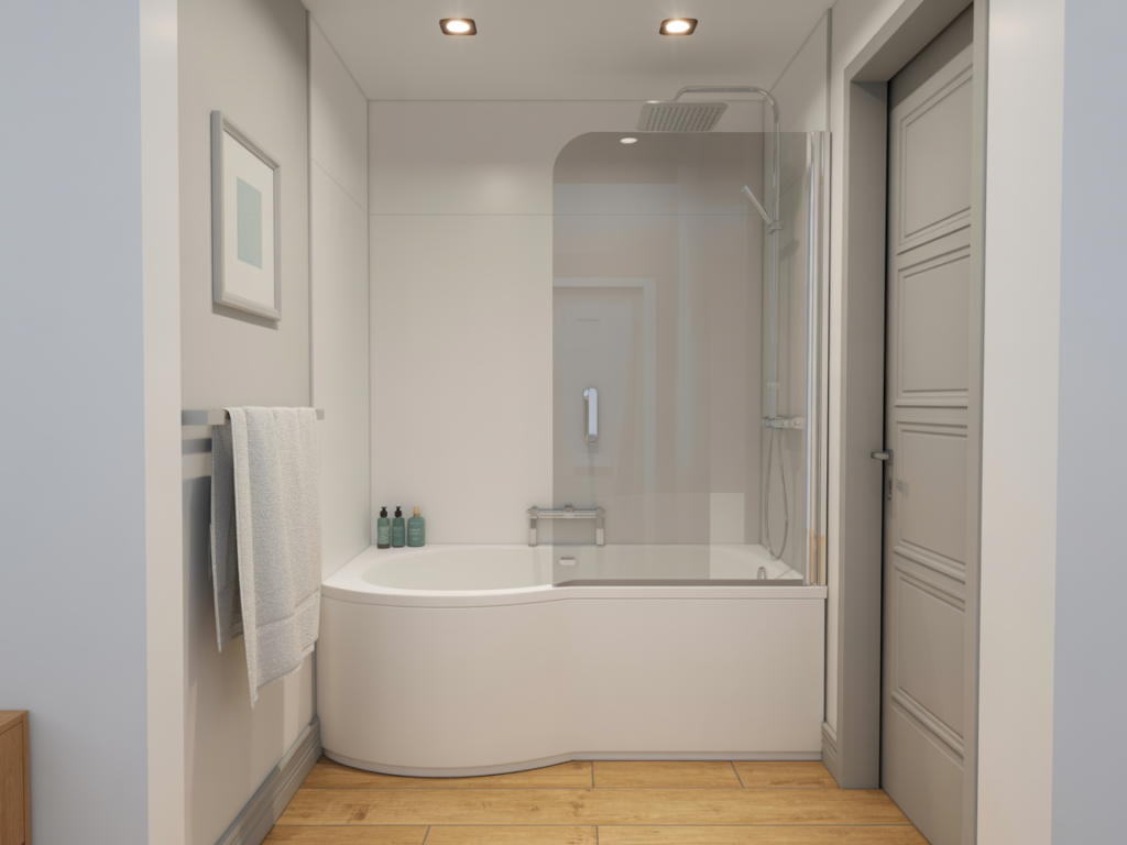 Corner tub and shower combo maximizing space in a tiny bathroom