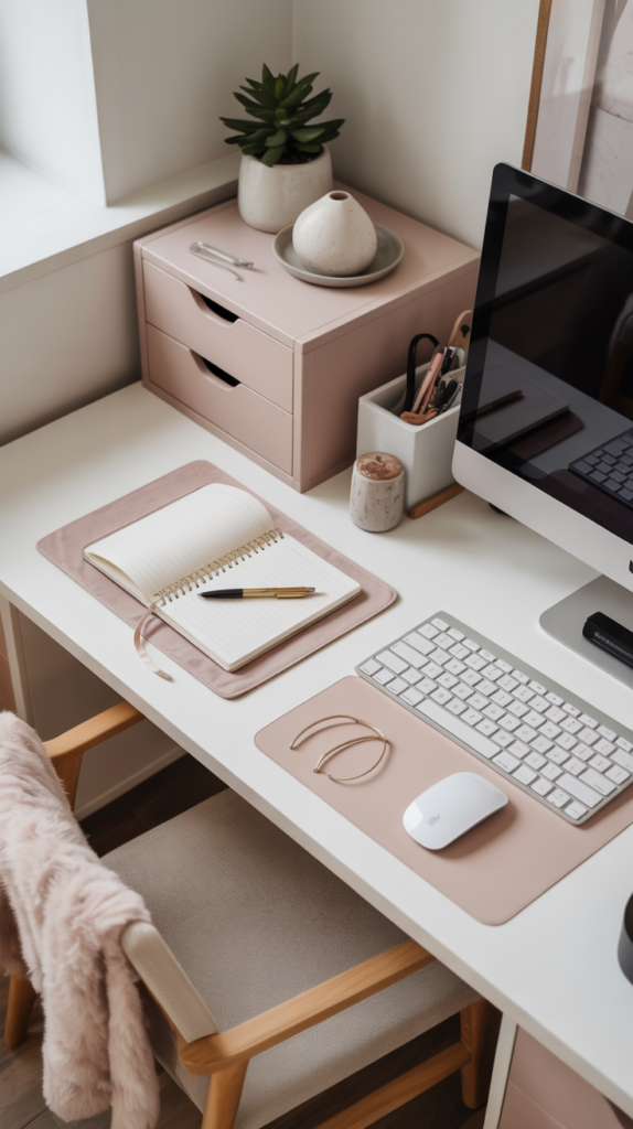 A neatly organized minimalist desk showcasing a variety of desktop organization systems. In the foreground, various trays, folders, and desk organizers made of natural materials like wood and metal are artfully arranged. The middle ground features a clean and simple laptop, a small plant, and a modern desk lamp providing soft, diffused lighting. The background has a plain white wall, creating a calm and uncluttered atmosphere that allows the organizational elements to take center stage. The overall composition aims for a visually appealing, functional, and Pinterest-worthy desk setup. Minimalist home office with a white desk and rose gold accents, featuring a MacBook Pro, white Apple keyboard and mouse, gold pen on a rose gold desk mat, and a pink storage unit with a white vase and succulent. A wooden chair with a beige cushion and pink faux fur throw completes the soft, feminine setup with natural lighting.