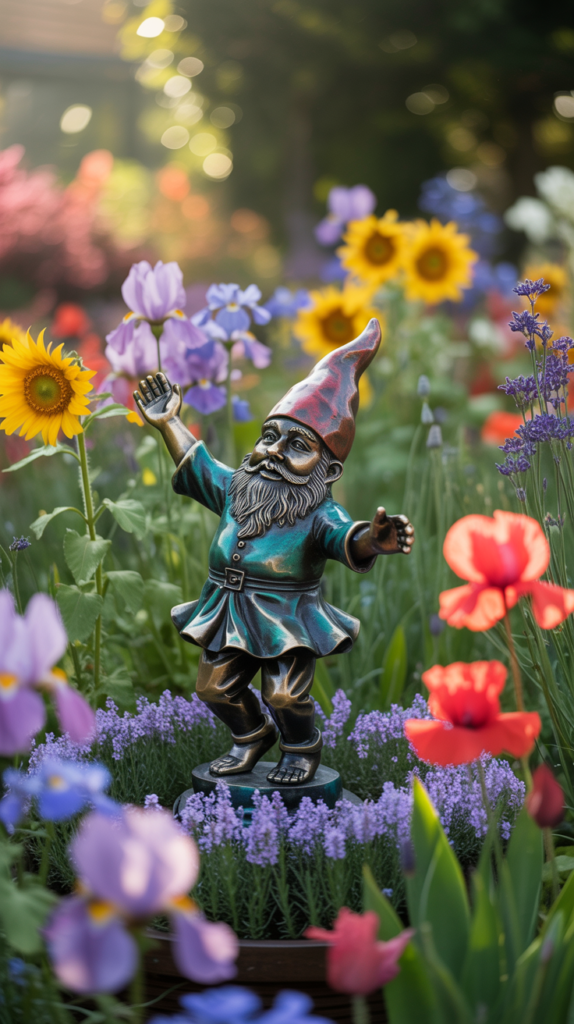 Bronze gnome sculpture in red hat and green tunic stands among lavender, sunflowers, poppies, and irises in a sunlit garden with soft bokeh and warm afternoon light.