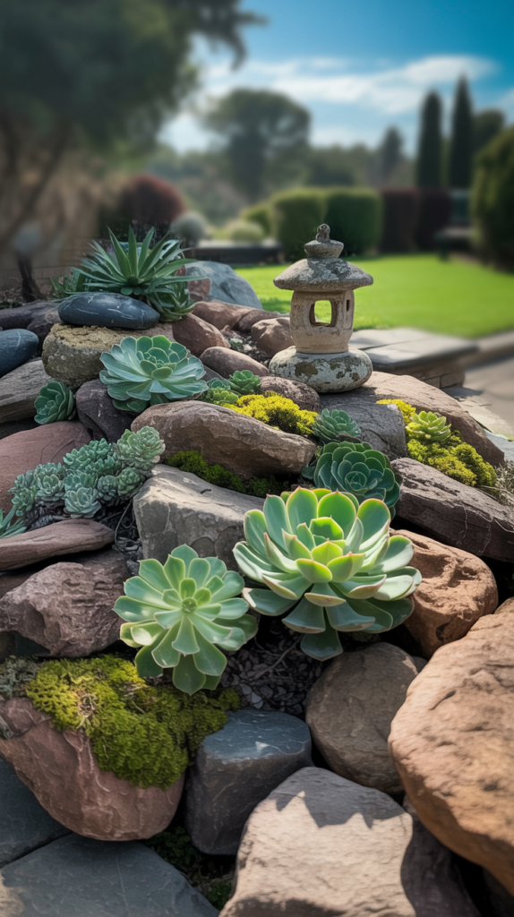 A rock garden featuring various sizes of stones and green succulents.