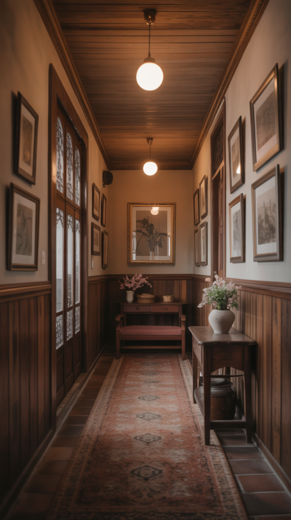 A vintage-style hallway with wooden elements, framed art on the walls, and warm lighting.