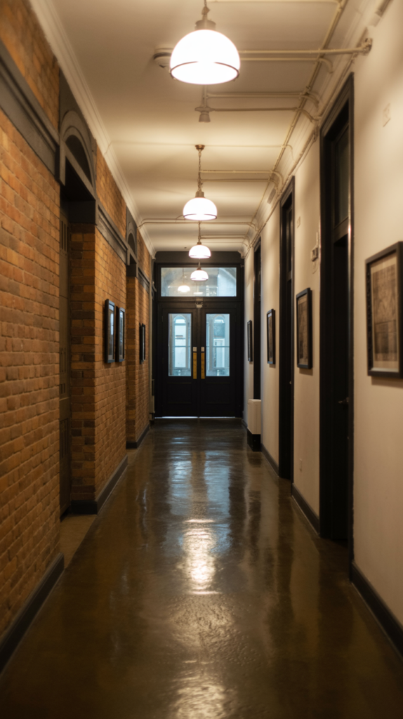 A hallway featuring exposed brick walls, industrial lighting, and a polished floor.