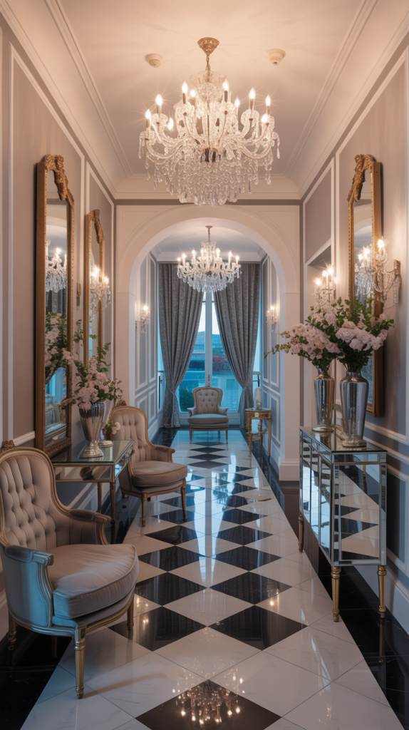 Luxurious hallway with a chandelier, plush chairs, and mirrored furniture.