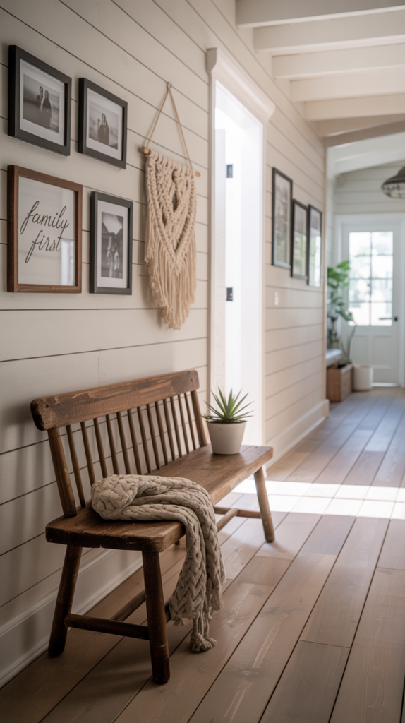 A modern farmhouse hallway with shiplap walls, wooden flooring, a bench, and decorative elements.