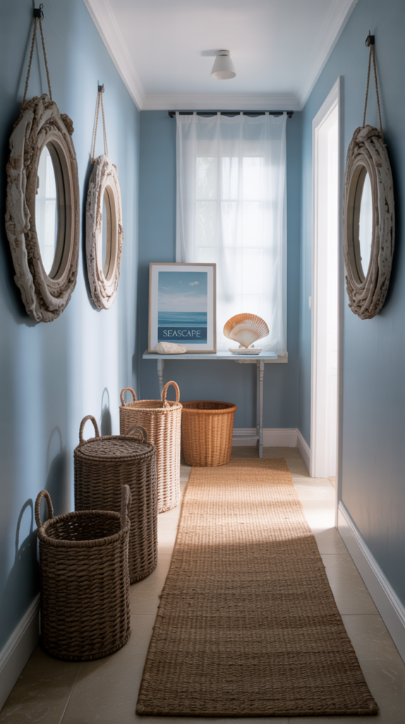 A bright coastal hallway with blue walls, woven baskets, and beach-themed decor.