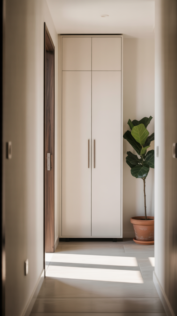 A minimalistic hallway with white walls, a sleek white cabinet, a green plant, and a wooden door.