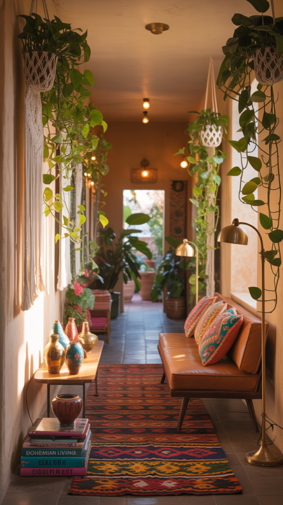 A vibrant hallway decorated with plants, colorful textiles, and unique lighting, showcasing bohemian decor.