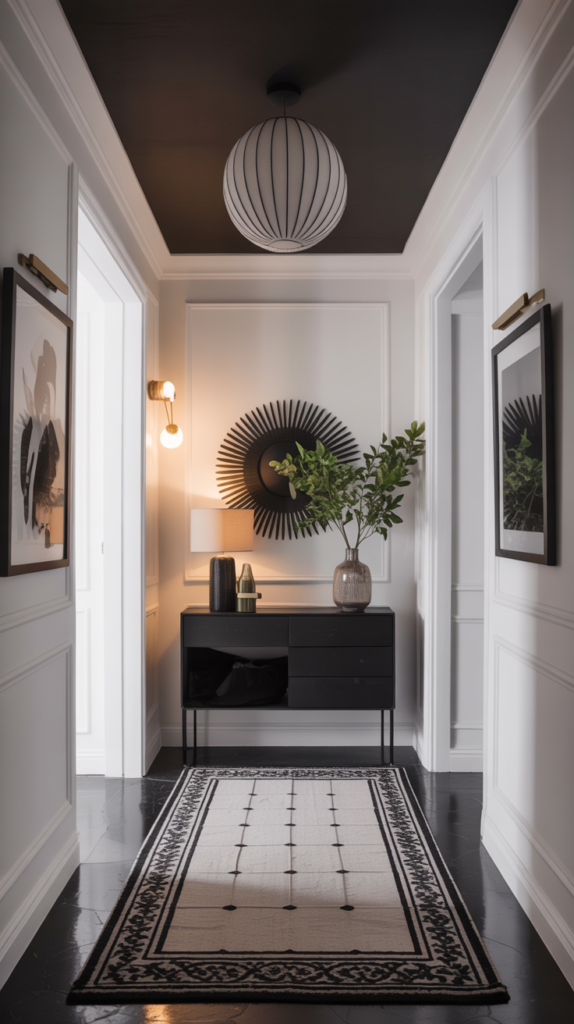 A sophisticated monochrome hallway with black ceiling, white walls, and stylish decor.