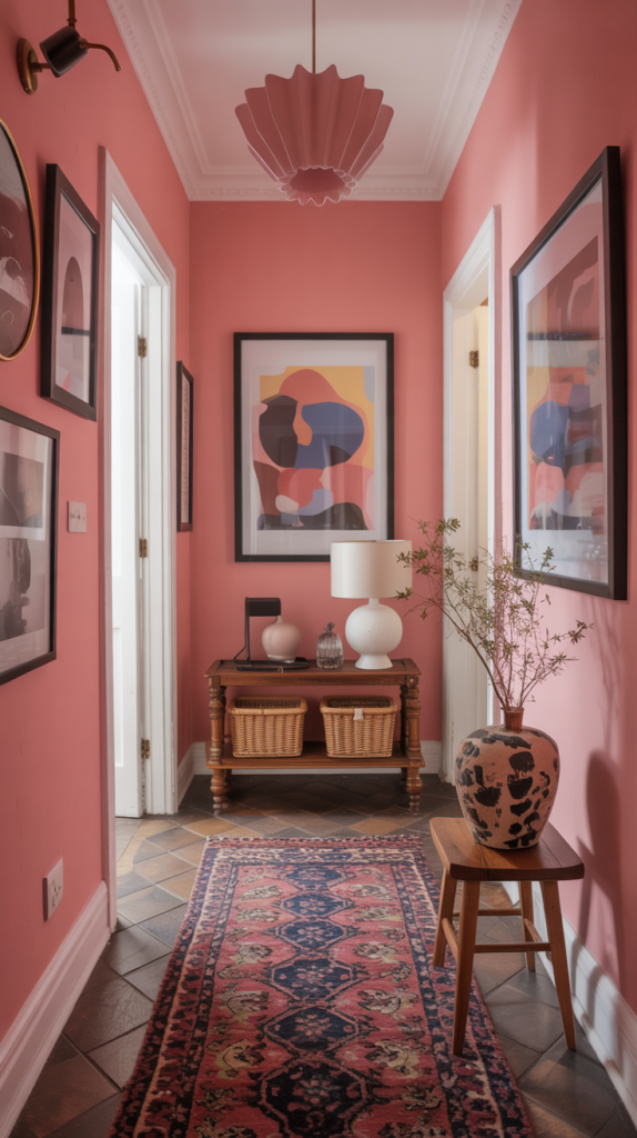 A vibrant hallway with pink walls, a patterned rug, framed artwork, and eclectic decor.