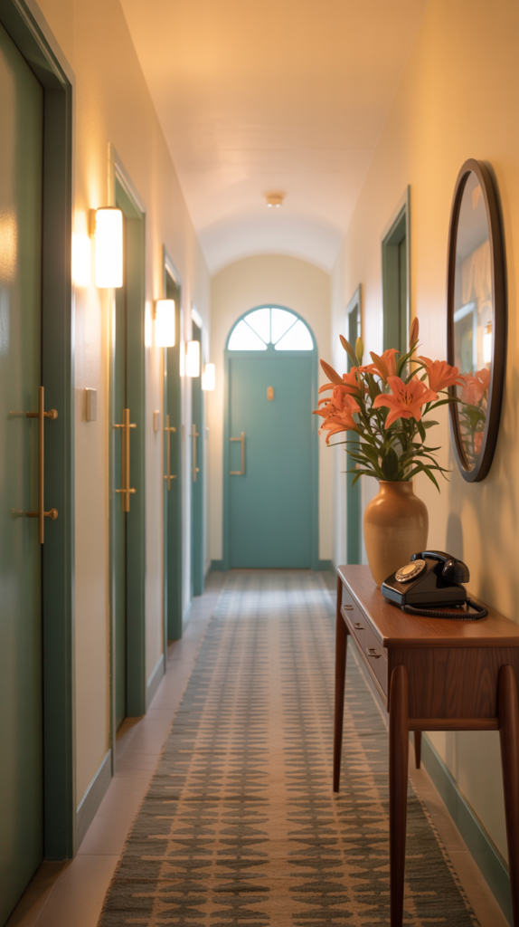 A mid-century modern hallway featuring blue doors, wooden furniture, and vibrant decor.