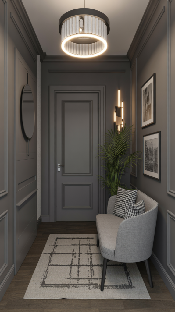 A contemporary chic hallway featuring gray walls, modern lighting, and stylish seating.
