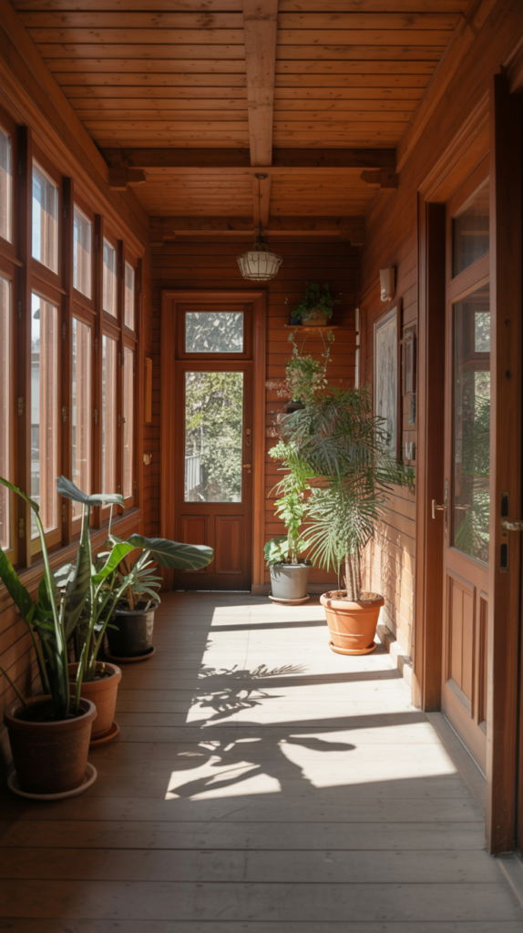 A hallway with wooden walls and potted plants, featuring large windows that let in natural light.