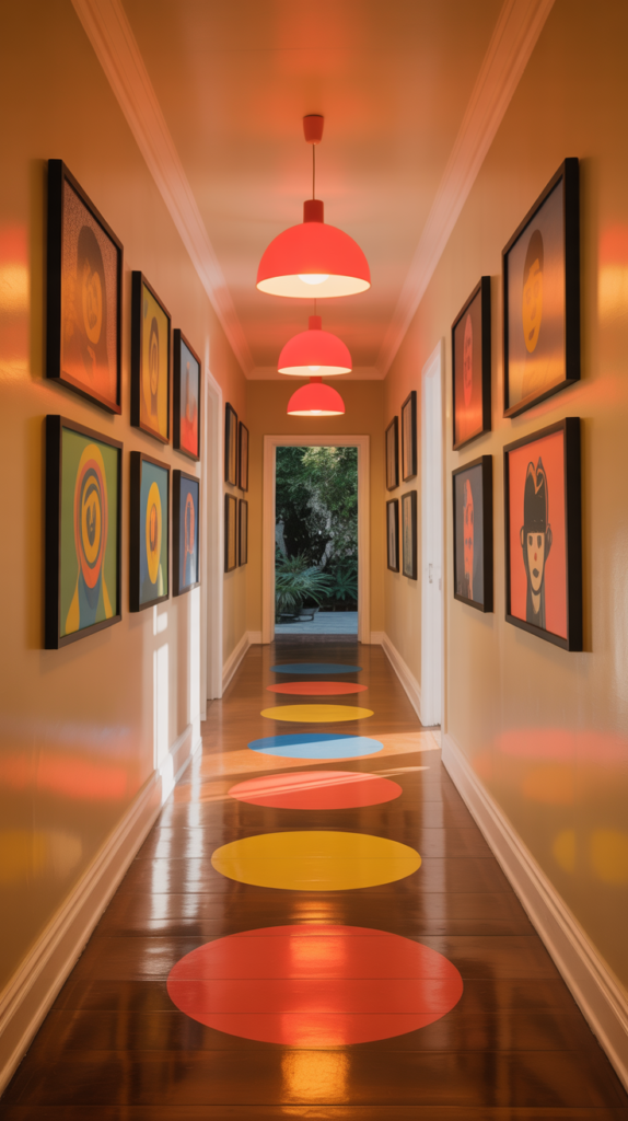 A colorful hallway with playful decor, featuring bright circles on the floor, framed pictures on the walls, and red pendant lights.