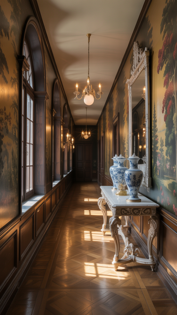 A classic hallway featuring wooden accents, intricate wallpaper, and vintage lighting.