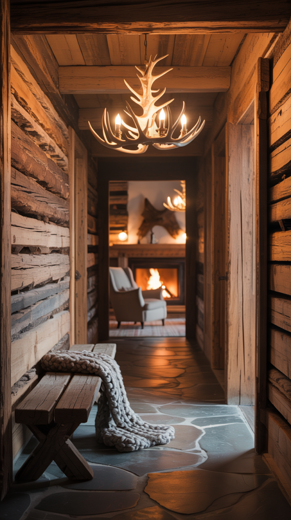 A rustic lodge hallway with wooden logs, warm lighting, and antlers.