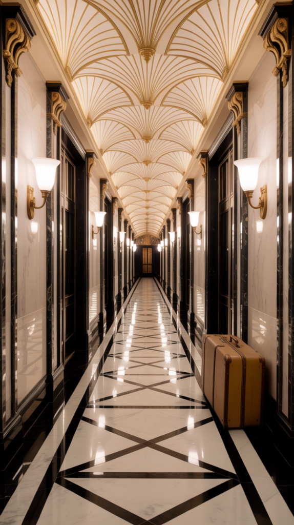 A luxurious Art Deco hallway featuring intricate ceiling designs, geometric patterned flooring, and stylish wall sconces.