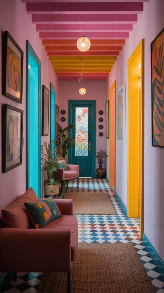 A colorful hallway with art on the walls, vibrant doors, and a cozy sofa.