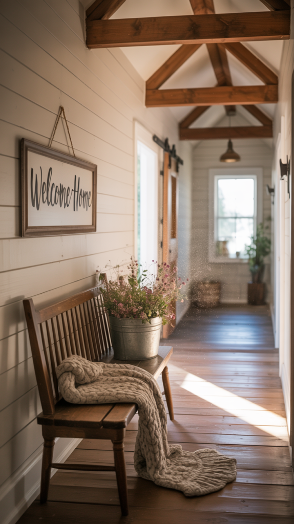 A cozy hallway featuring wooden beams, shiplap walls, and farmhouse decor.