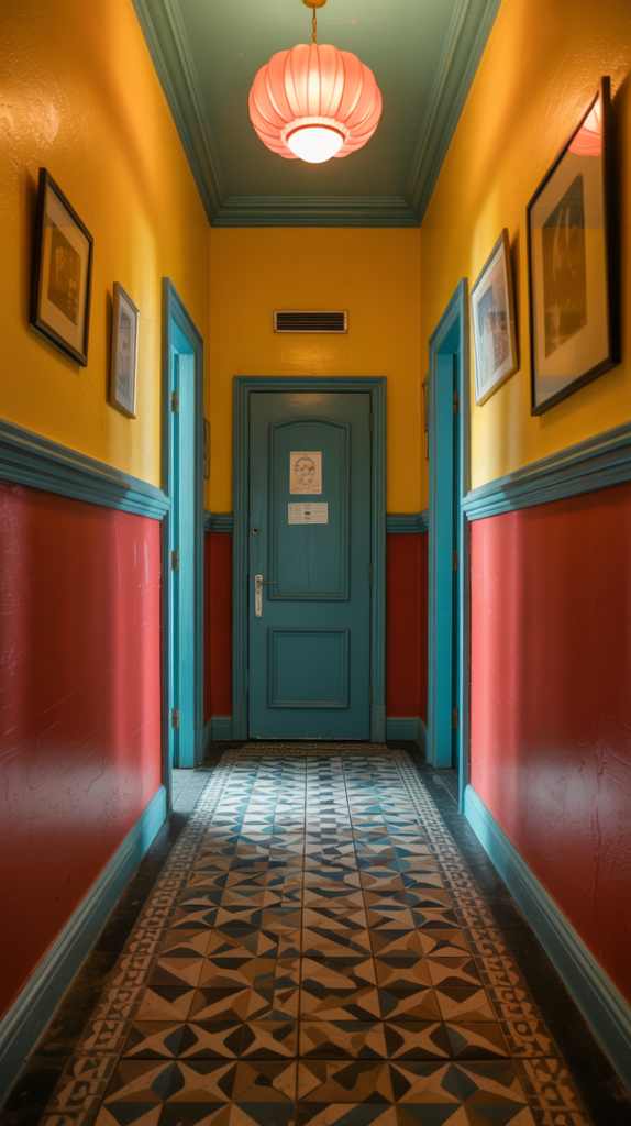 A colorful retro hallway with yellow, red, and teal walls, patterned flooring, and vintage decor.