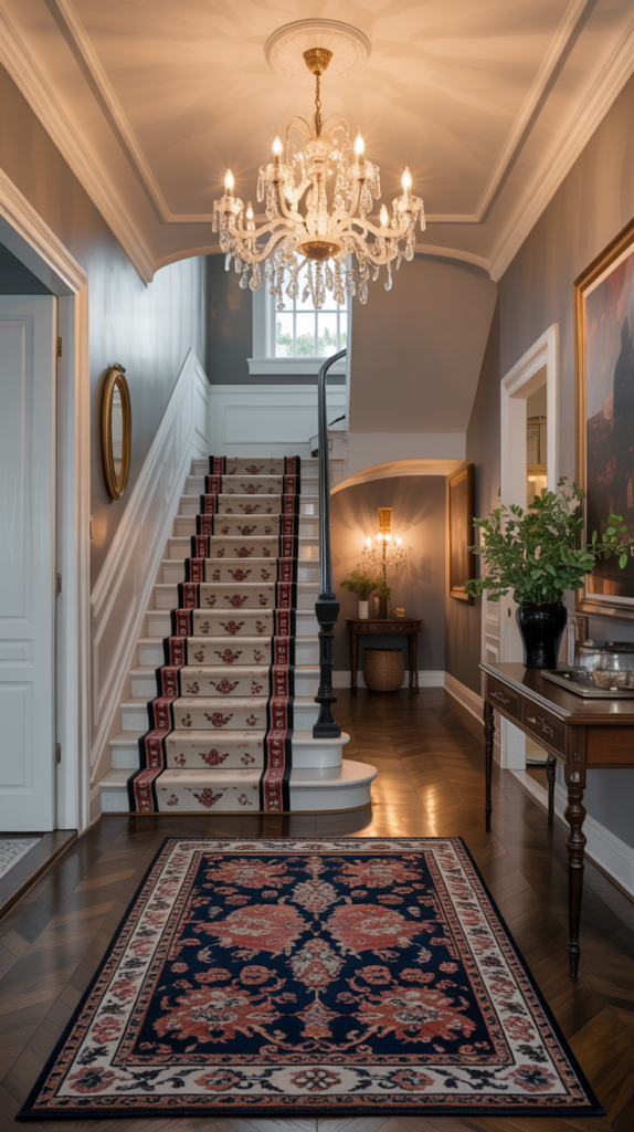 A sophisticated entryway with a chandelier, staircase, and patterned rug.