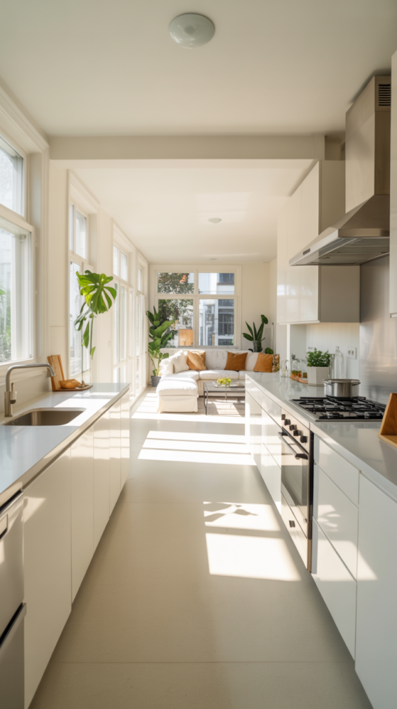 An airy, sun-drenched modern kitchen with an open floor plan. Sleek white cabinets and countertops create a minimalist, high-contrast aesthetic, punctuated by stainless steel appliances and a large, central island. Abundant natural light streams in through large windows, casting a warm glow and highlighting the clean, uncluttered design. The kitchen seamlessly transitions into an adjacent living area, with a cozy seating arrangement and potted plants adding touches of greenery. The overall atmosphere is one of spaciousness, functionality, and contemporary style. An airy, sun-drenched modern kitchen with an open floor plan. Sleek white cabinets and countertops create a minimalist, high-contrast aesthetic, punctuated by stainless steel appliances and a large, central island. Abundant natural light streams in through large windows, casting a warm glow and highlighting the clean, uncluttered design. The kitchen seamlessly transitions into an adjacent living area, with a cozy seating arrangement and potted plants adding touches of greenery. The overall atmosphere is one of spaciousness, functionality, and contemporary style.