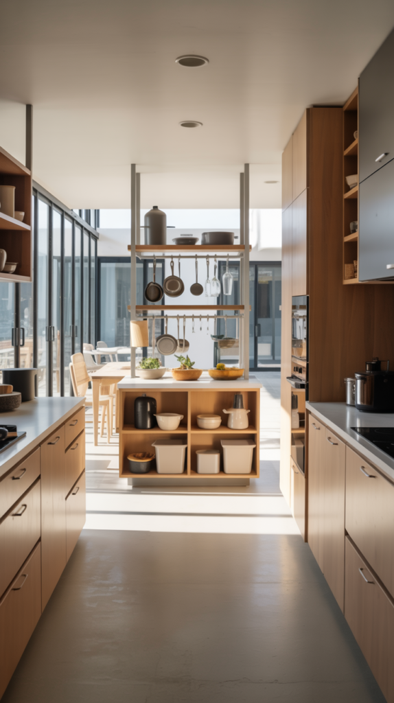 A modern, well-lit open kitchen layout with smart storage solutions. In the foreground, sleek, minimalist cabinets and drawers in a light wood finish provide ample space for stowing away kitchen essentials. The middle ground showcases a central island with integrated shelving and hooks for hanging pots, pans, and utensils, optimizing the available vertical space. In the background, floor-to-ceiling glass windows let in abundant natural light, creating a bright and airy atmosphere. The overall aesthetic is clean, organized, and tailored to the needs of an open concept kitchen, enabling a seamless flow between cooking, dining, and living areas. A modern, well-lit open kitchen layout with smart storage solutions. In the foreground, sleek, minimalist cabinets and drawers in a light wood finish provide ample space for stowing away kitchen essentials. The middle ground showcases a central island with integrated shelving and hooks for hanging pots, pans, and utensils, optimizing the available vertical space. In the background, floor-to-ceiling glass windows let in abundant natural light, creating a bright and airy atmosphere. The overall aesthetic is clean, organized, and tailored to the needs of an open concept kitchen, enabling a seamless flow between cooking, dining, and living areas.